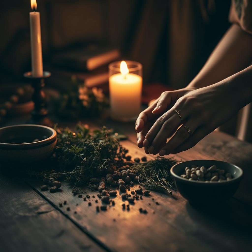 Mãos preparando ervas à luz de vela